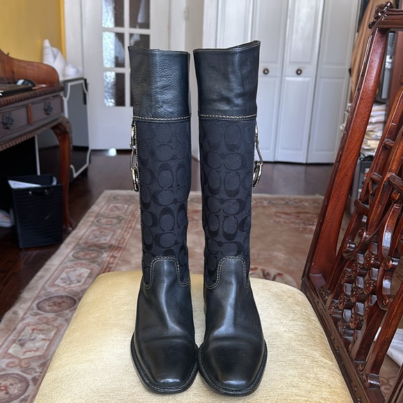 Coach ROCHELLE Pull on Signature Canvas Leather Black Riding Boots - Picture 7 of 16